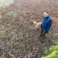 Toby out walking with a dog